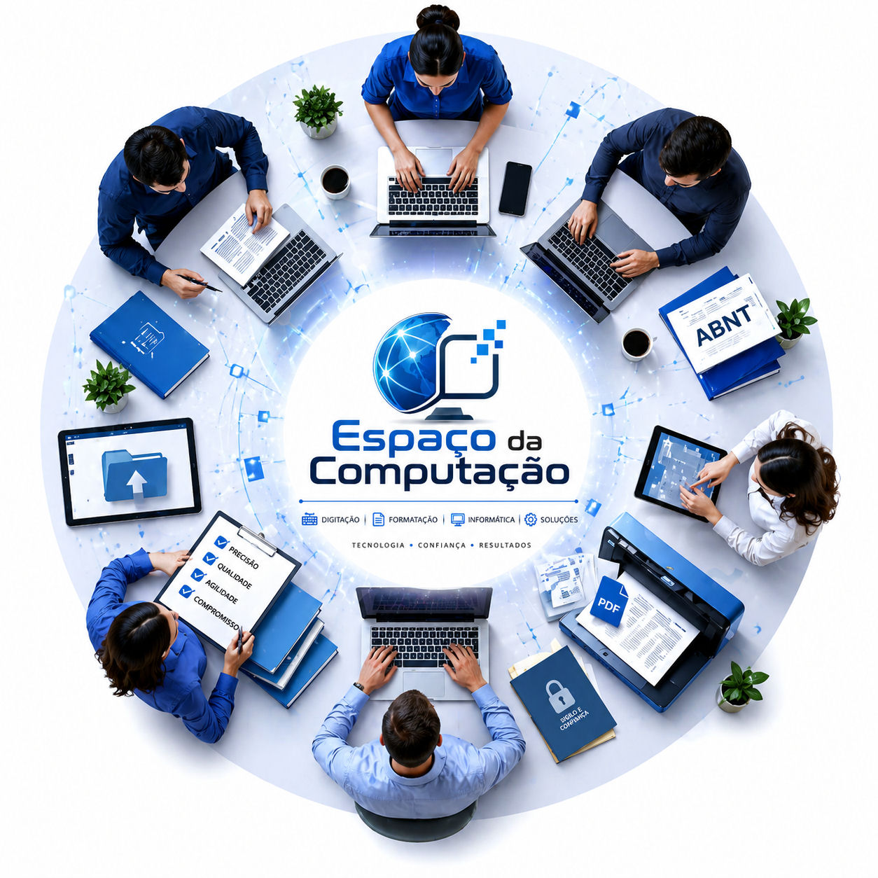 Equipe profissional realizando serviços de digitação, formatação ABNT e digitalização de documentos no Espaço da Computação, com atendimento em todo o Brasil